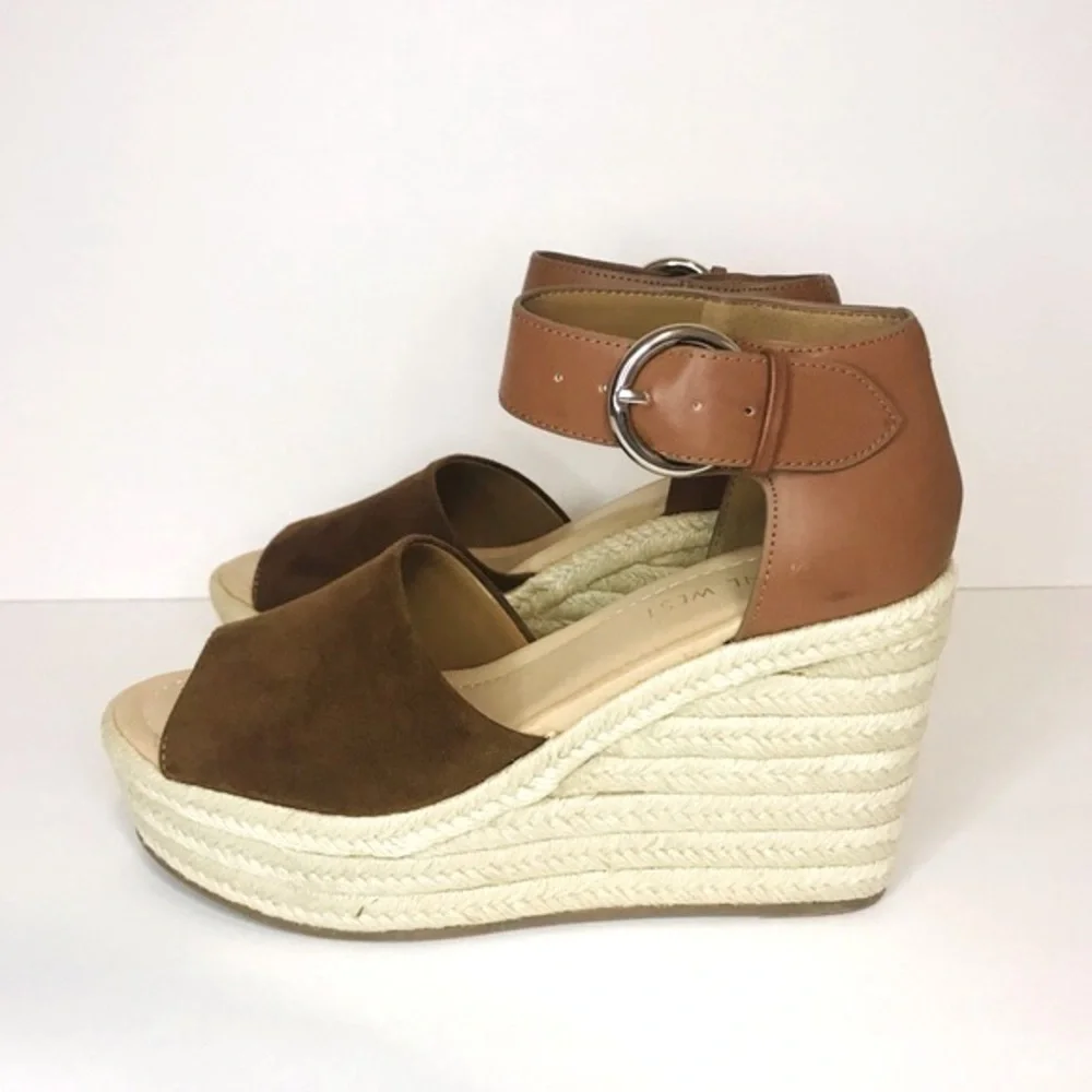 New! Nine West Espadrille Faux Suede Faux Leather Straw Wedge Platform Sandals